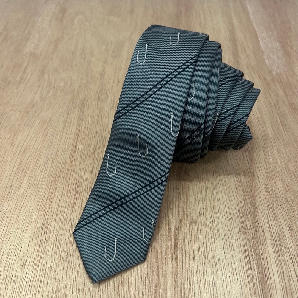 REVL Fish Hooks 100 Silk Necktie Mens Skinny Grey Striped Novelty Fishing Tie SF